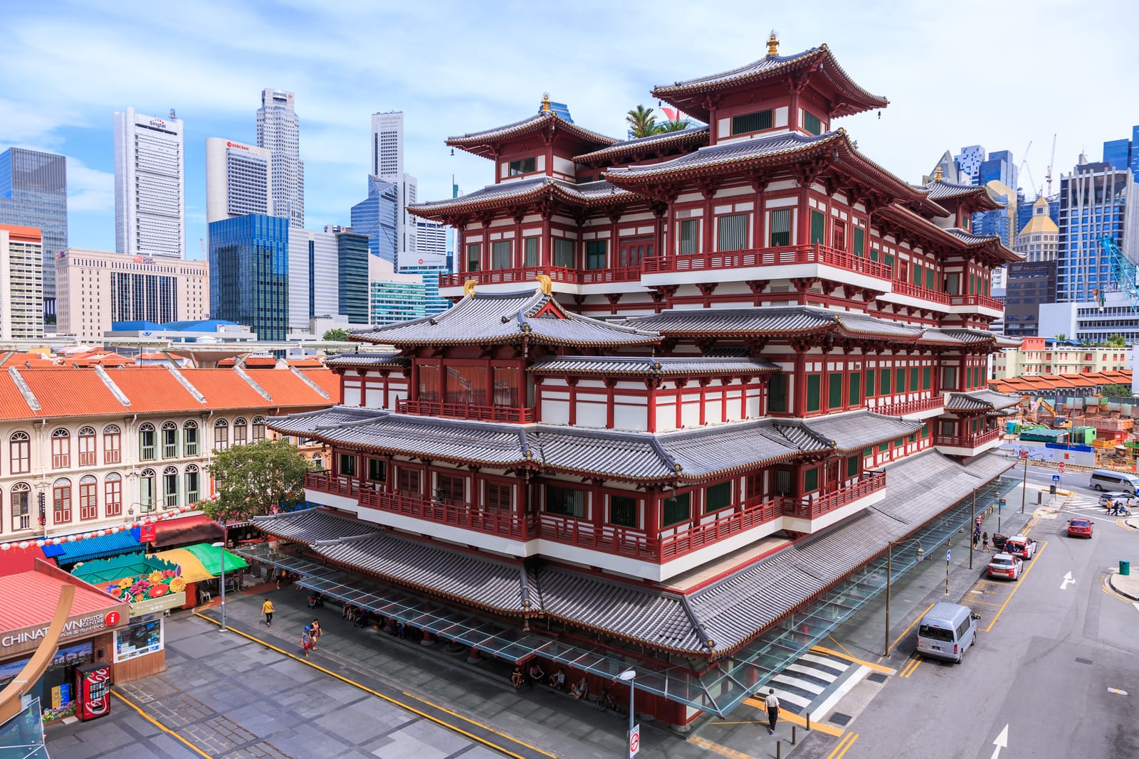 The Buddha Tooth Relic Temple among Chinatown shophouses, with CBD towers behind